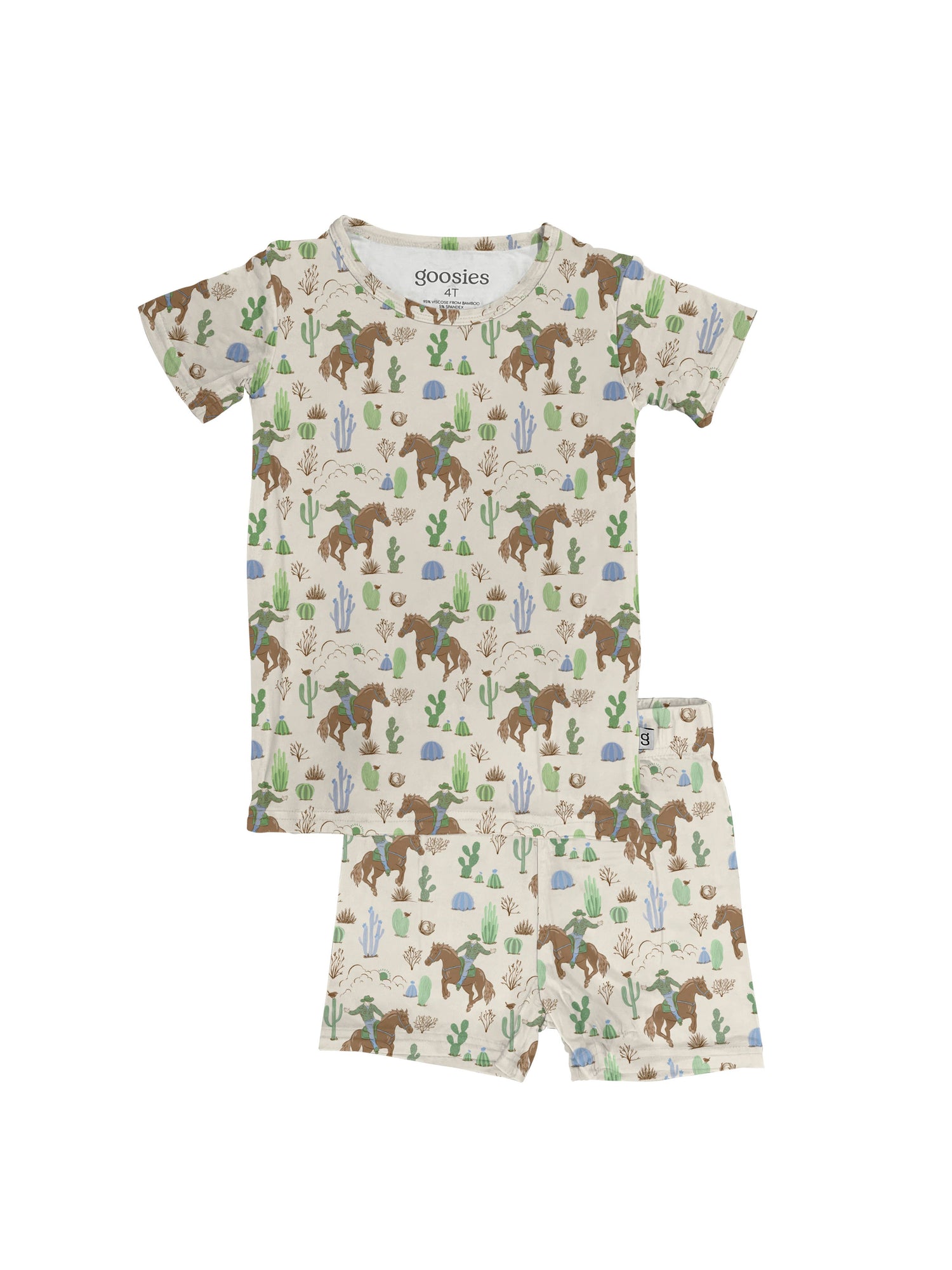 Made from luxuriously soft 95% bamboo / 5% spandex
Two-piece set
Snug fit for comfort and safety
Tagless design to prevent irritation
Breathable and stretchy for easy movement and all-night comfort
Available in many fun prints
Sizes 2T to 5T horses and cowboys and cactus pajamas two piece set with short sleeve and shorts Boltranchstore.com Goosies