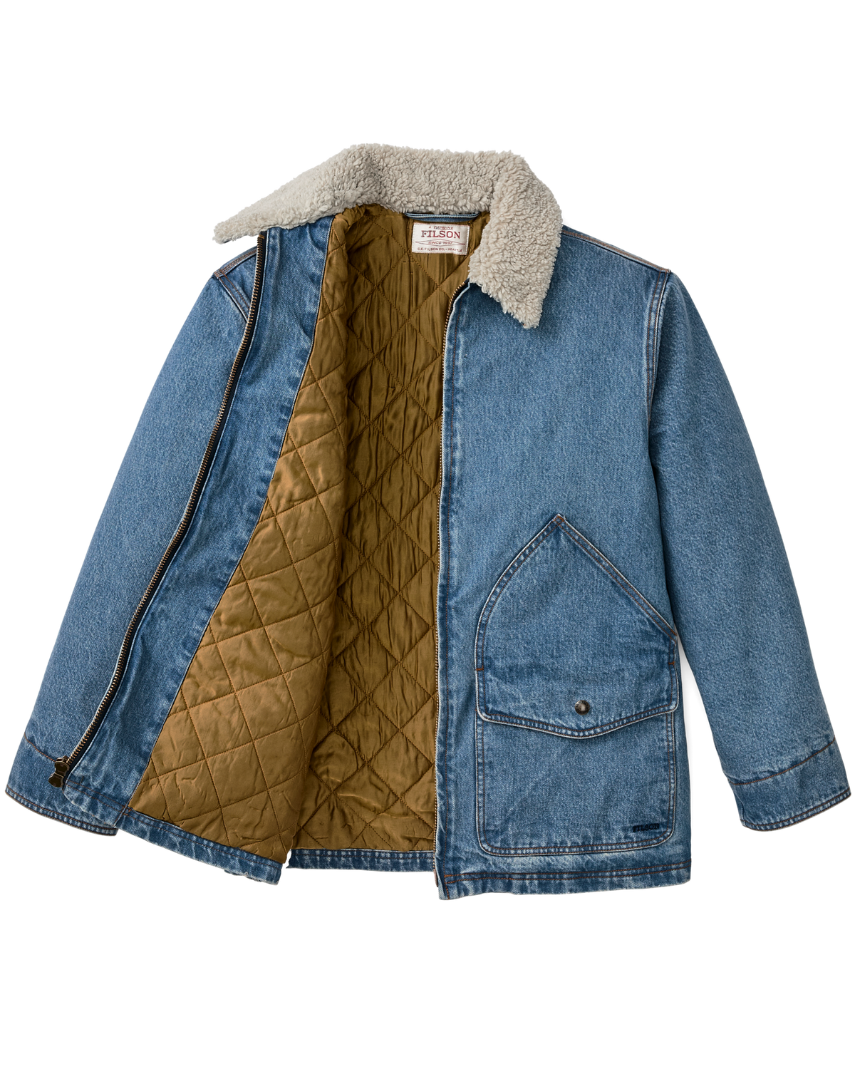 Filson Womens Insulated Denim Outfitter Coat Vintage Indigo finger length cut with extended coverage and clean lines womens western clothing