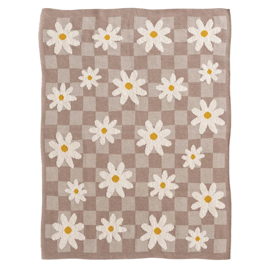 Cotton Knit Baby Blanket Daisies & Check Pattern