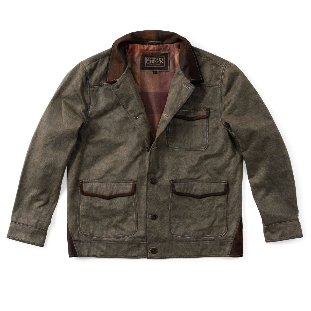 Madison Creek Duvall Washed Cotton Twill Field Jacket Dusty Olive chest and lower patch pockets with suede trimmed flaps and concealed snaps cowboy outerwear