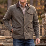 Madison Creek Duvall Washed Cotton Twill Field Jacket Dusty Olive dusty olive waxed and washed cotton twill mens field jacket with suede leather collar ranch wear Kamas Utah