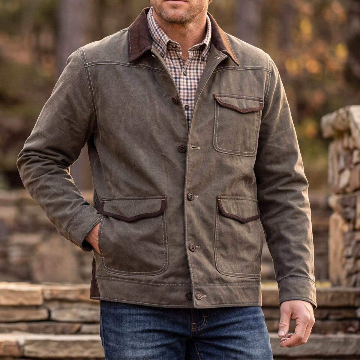 Madison Creek Duvall Washed Cotton Twill Field Jacket Dusty Olive dusty olive waxed and washed cotton twill mens field jacket with suede leather collar ranch wear Kamas Utah