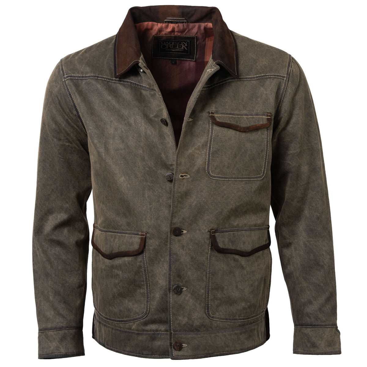 Madison Creek Duvall Washed Cotton Twill Field Jacket Dusty Olive weathered striated twill finish with suede side seam accents and adjustable snap cuffs Utah western fashion