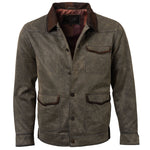 Madison Creek Duvall Washed Cotton Twill Field Jacket Dusty Olive weathered striated twill finish with suede side seam accents and adjustable snap cuffs Utah western fashion