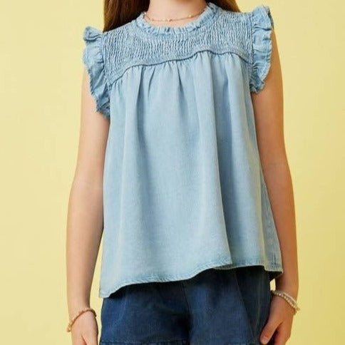 Girls Ruffle Detailed Smocked Denim Tencel Tank