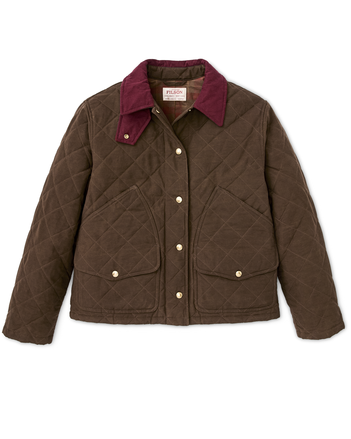 Filson Womens Quilted Outfitter Jacket Dark Brown field inspired pockets from archival jacket designs womens western boutique Park City