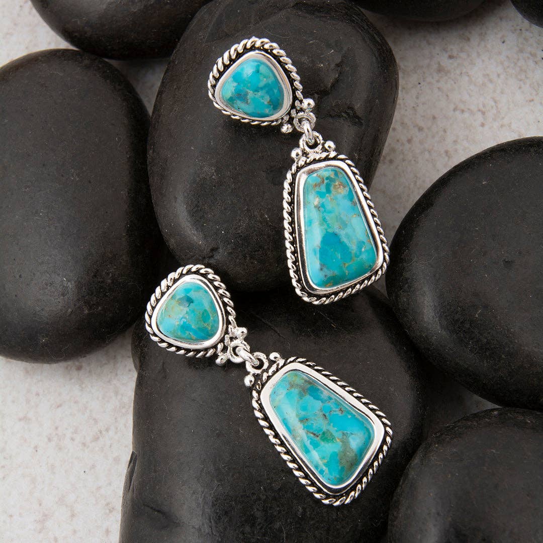 Double Blue Turquoise Silver Drop Earrings