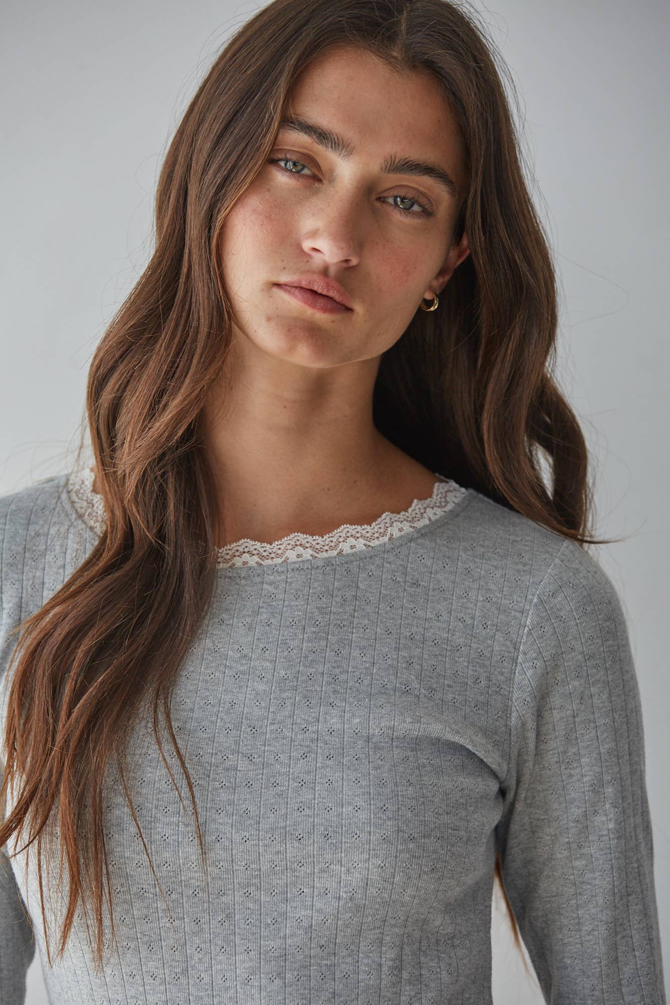 Knit Cotton Pointelle Long Sleeve Pullover