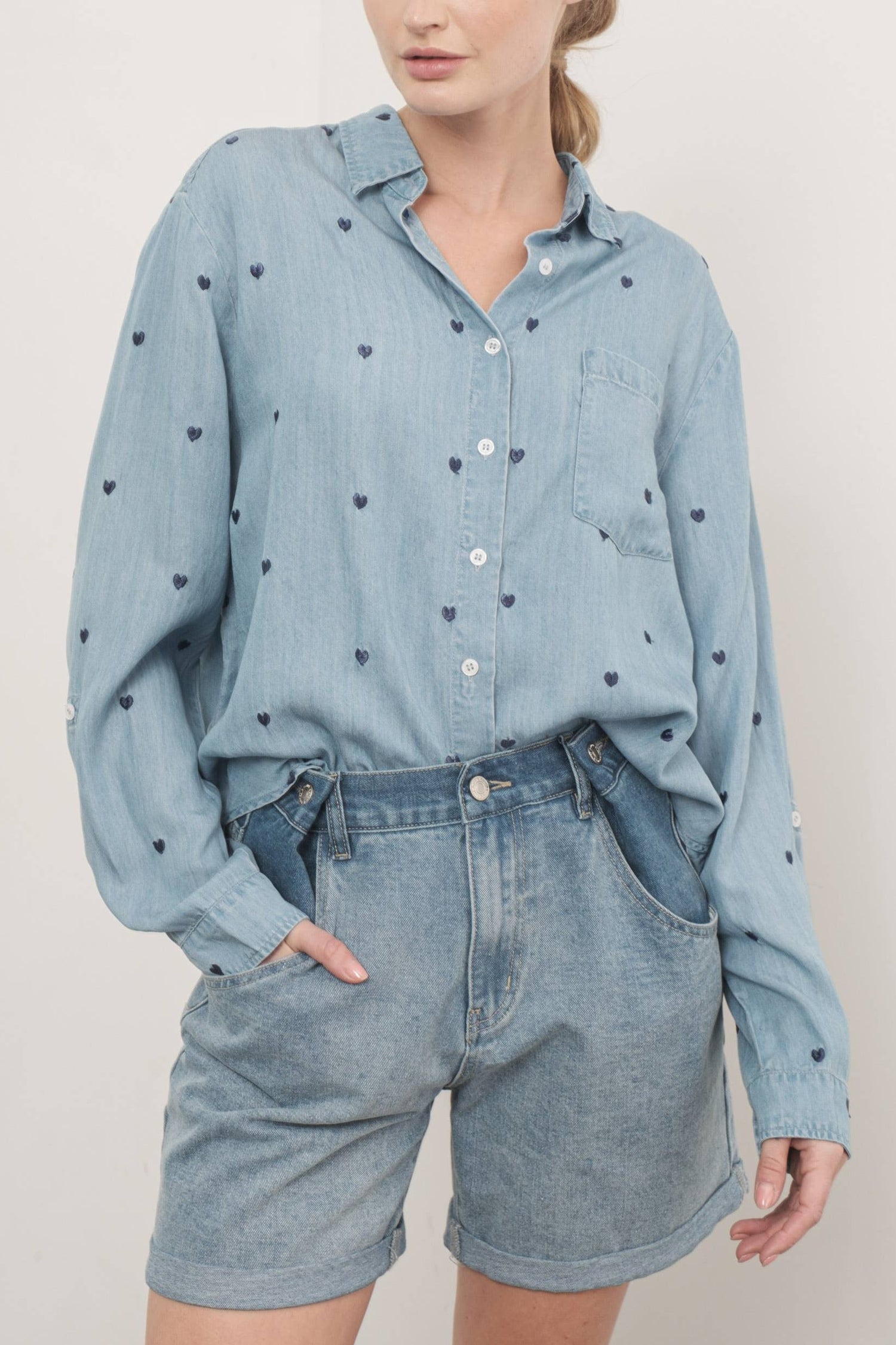 Heart Embroidered Denim Shirt