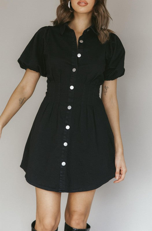 Puff Sleeve Button Front Mini Dress