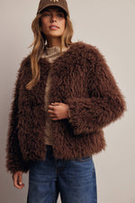 Listicle Shaggy Faux Fur Jacket relaxed slightly boxy silhouette with full length voluminous sleeves womens western clothing