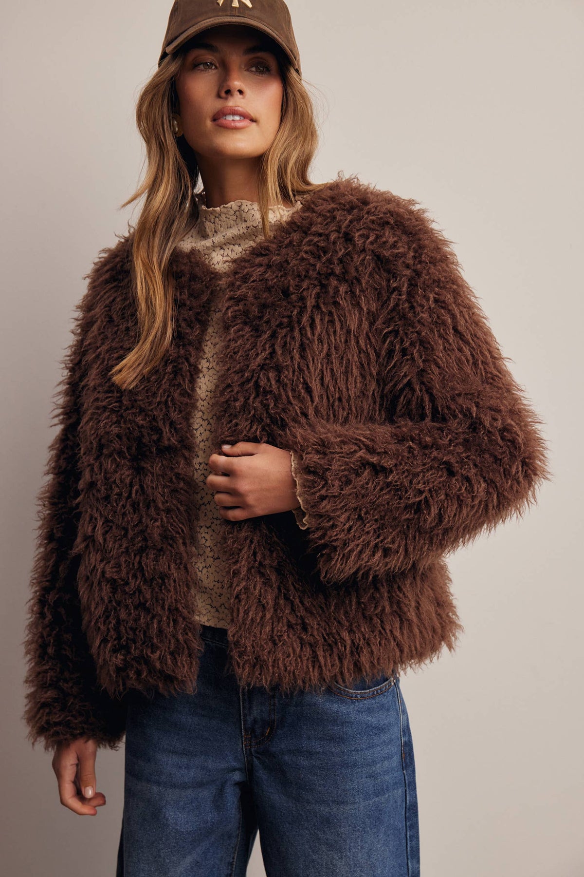 Listicle Shaggy Faux Fur Jacket relaxed slightly boxy silhouette with full length voluminous sleeves womens western clothing
