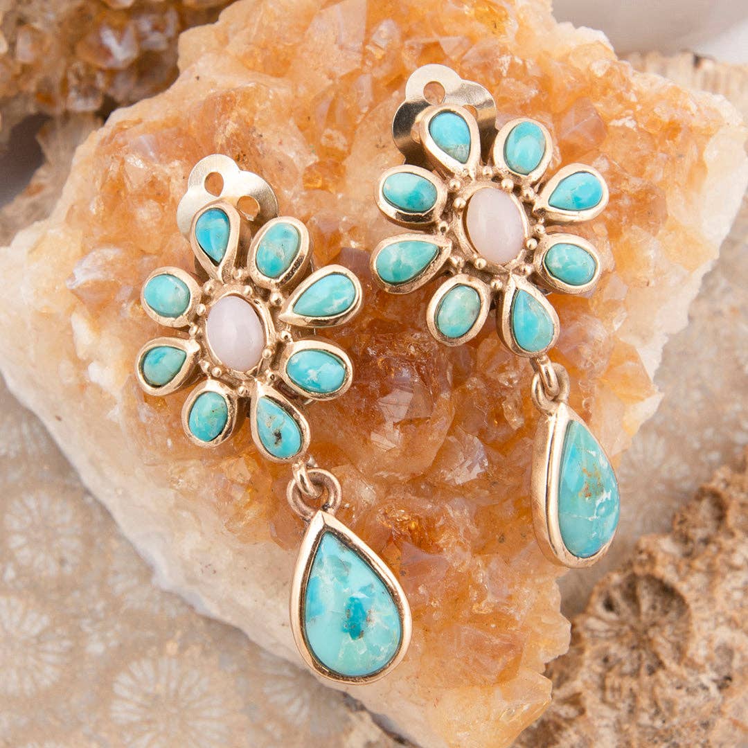 Cactus Rose Pink Opal Blue Turquoise Golden Clip Earring