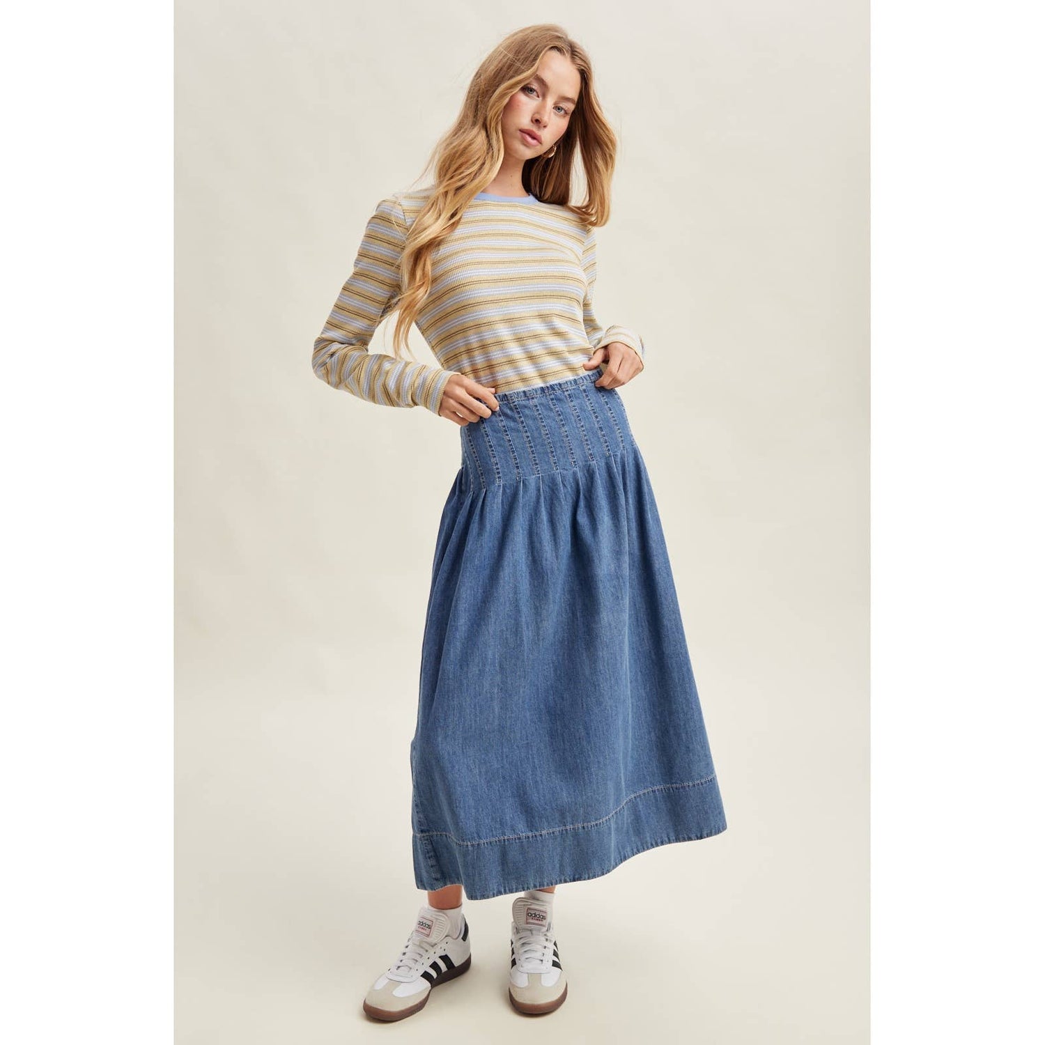 Womens Pleated Denim Midi Skirt