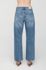 Pistola Lexi Mid Rise Bowed Straight Jean Distance vintage fading with light distressing and classic five pocket back western fashion