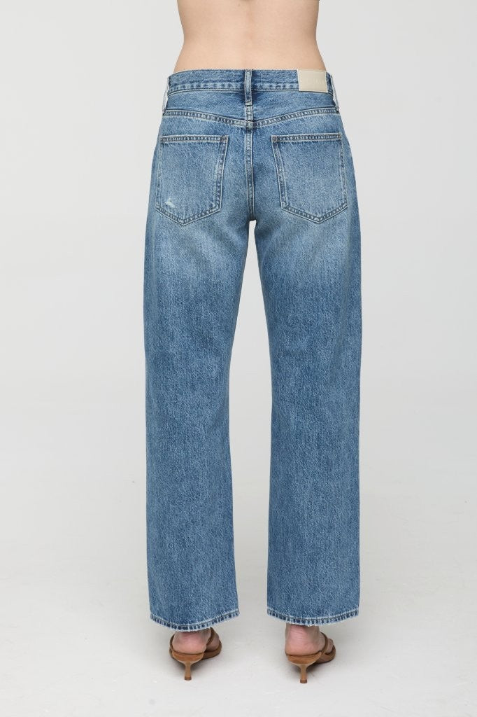Pistola Lexi Mid Rise Bowed Straight Jean Distance vintage fading with light distressing and classic five pocket back western fashion