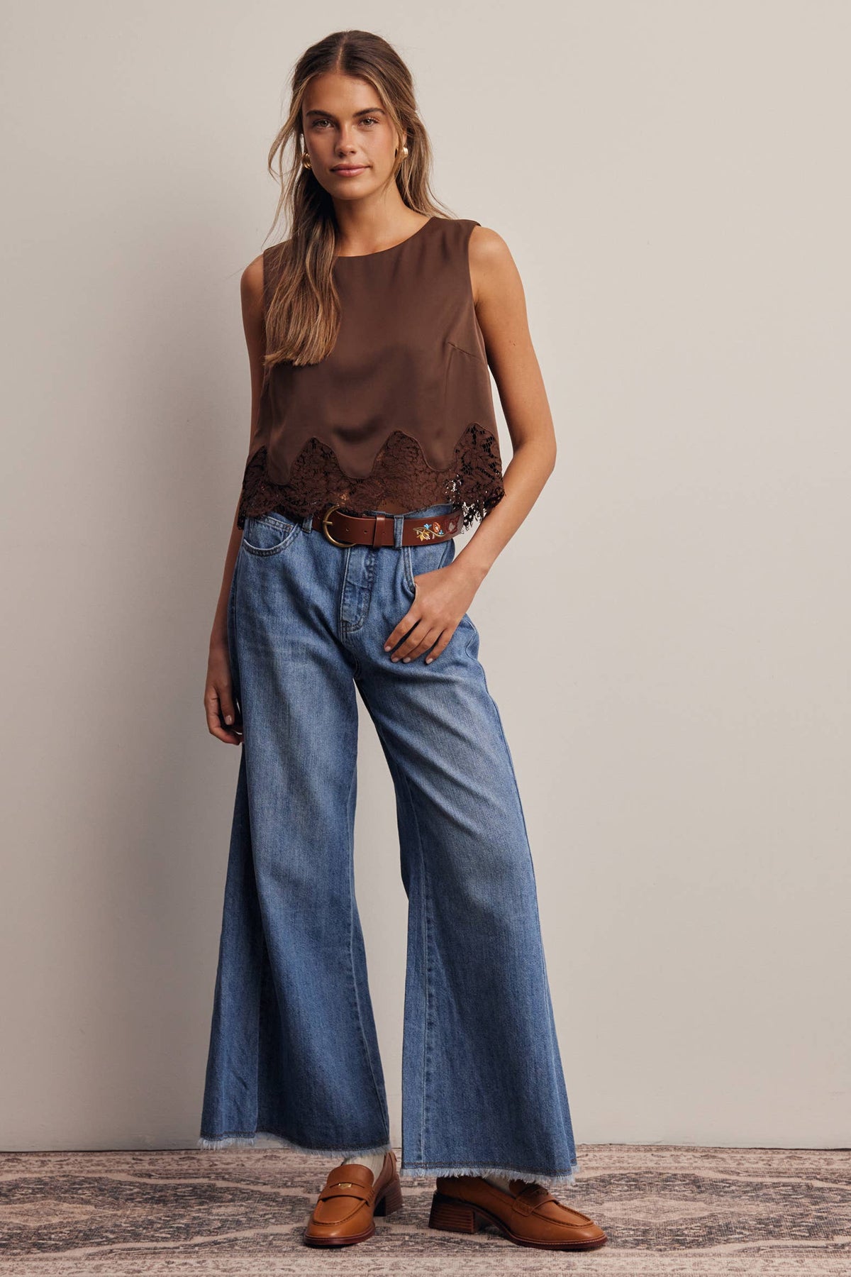 Listicle Satin Lace Hem Sleeveless Top Mocha easy layering piece under jackets and cardigans Kamas