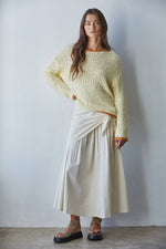 By Together Woven Cotton Flare Midi Skirt styled with a chunky knit sweater for fall ranch wear in Park City