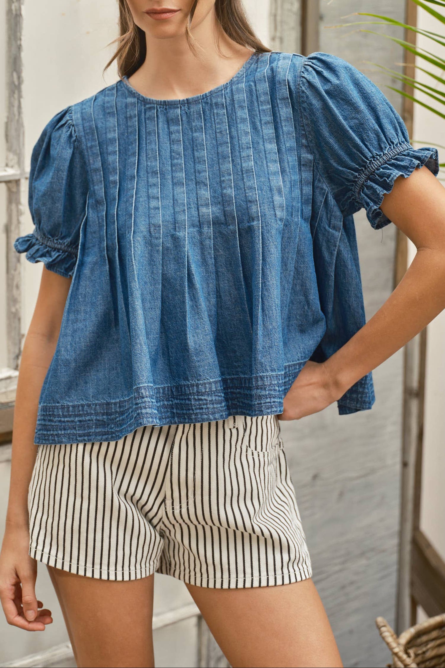 denim a line shirt with puff sleeves pleated round neck boltranchstore.com summer top flowy 