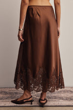 Listicle Stretch Satin Lace Trim Maxi Skirt Mocha satin to lace transition at the scalloped inset