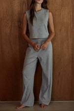 By Together Knit Cotton Pointelle Round Neck Sleeveless Tank 100 percent cotton pointelle knit in a soft heather grey