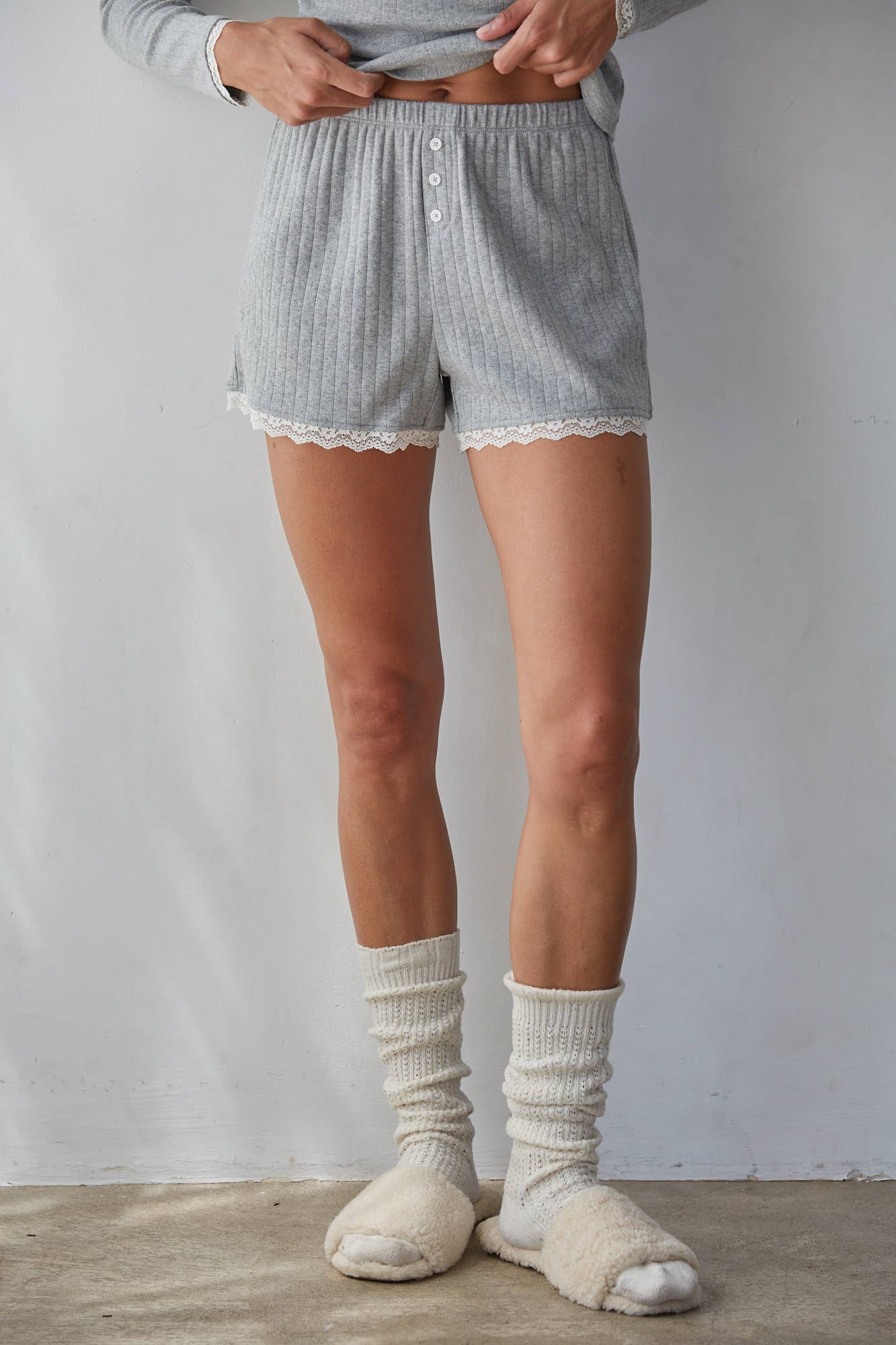 Knit Cotton Pointelle Wide Leg Shorts