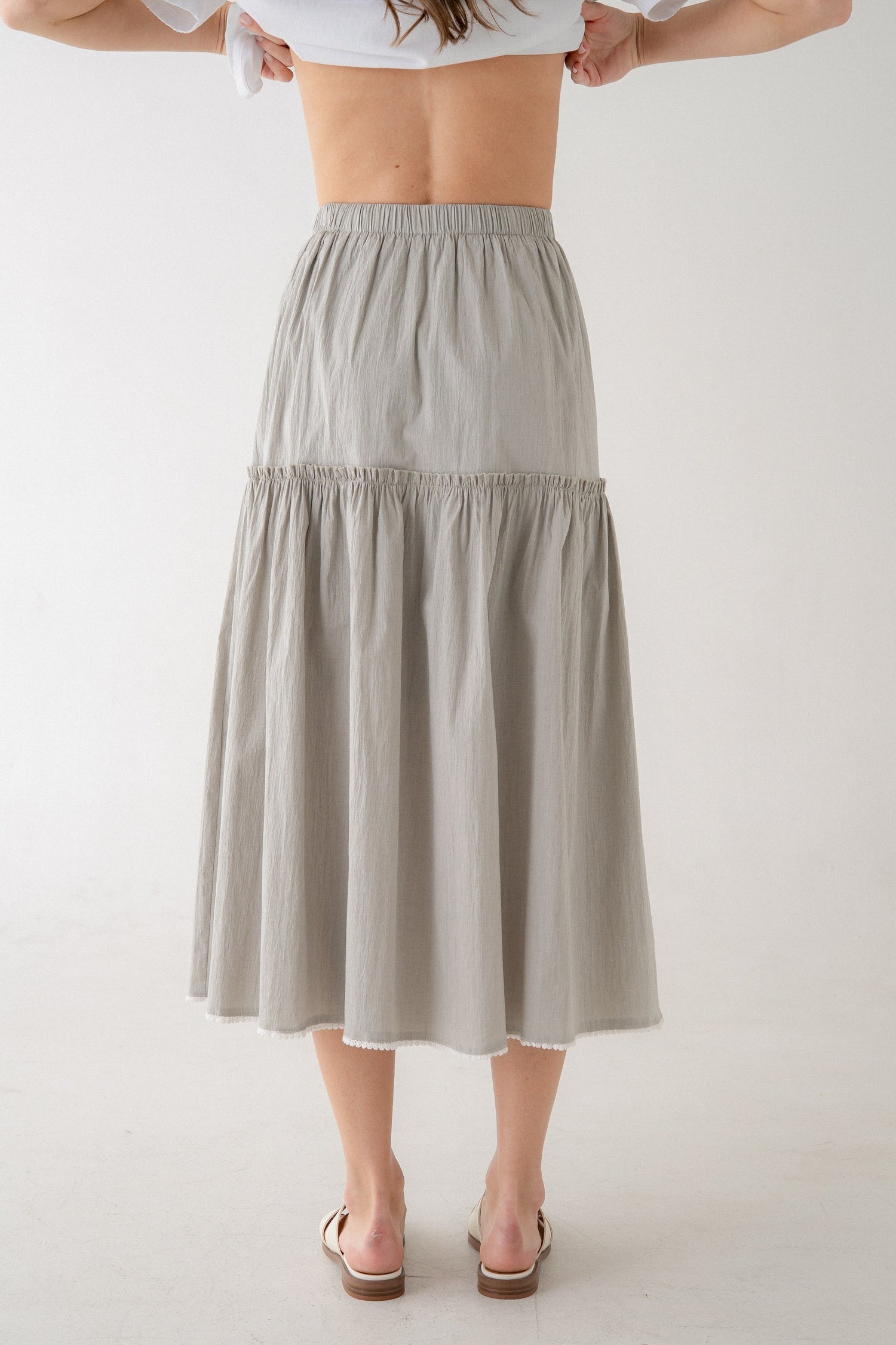 Sally Tiered Midi Skirt Elastic Waist