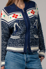  a blue and white patterned sweater horse sweater flower sweater winter outfit boltranchstore.com