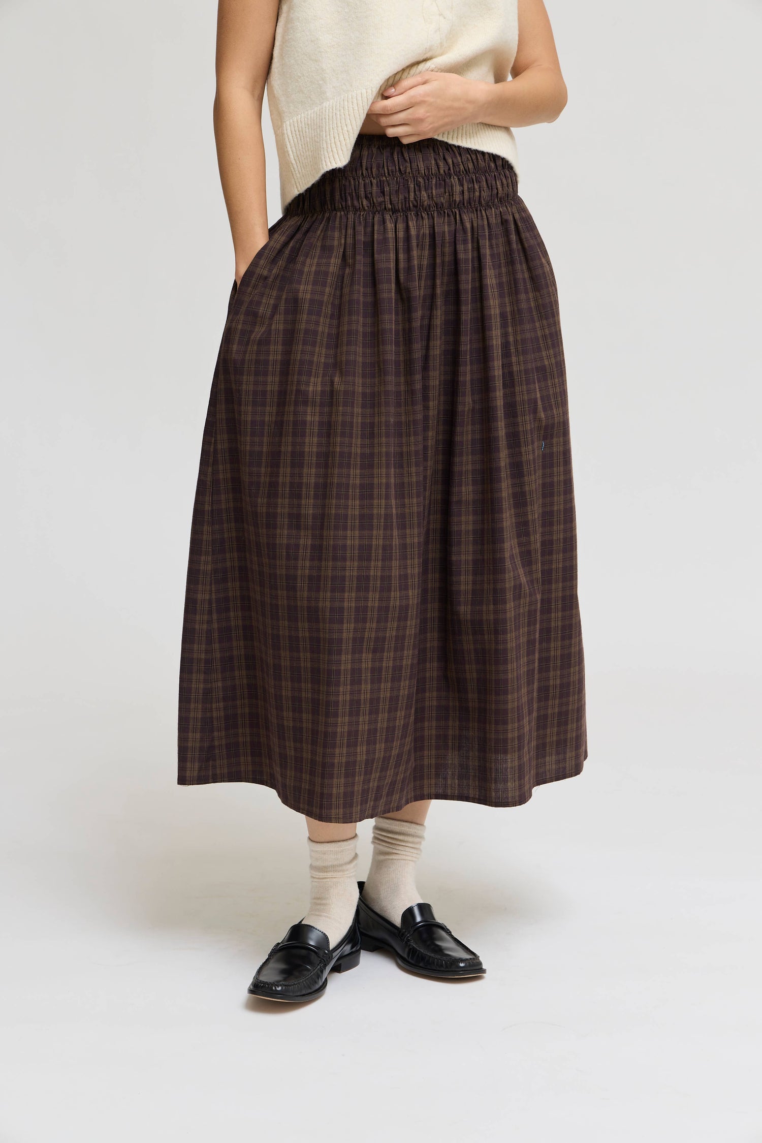 dark brown Patricia Plaid casual womens Smocked midi Skirt Bolt Ranch Store