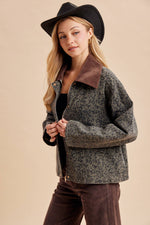 In Loom Leopard Chore Jacket relaxed boxy silhouette with zipper and metal snap front closure western fashion