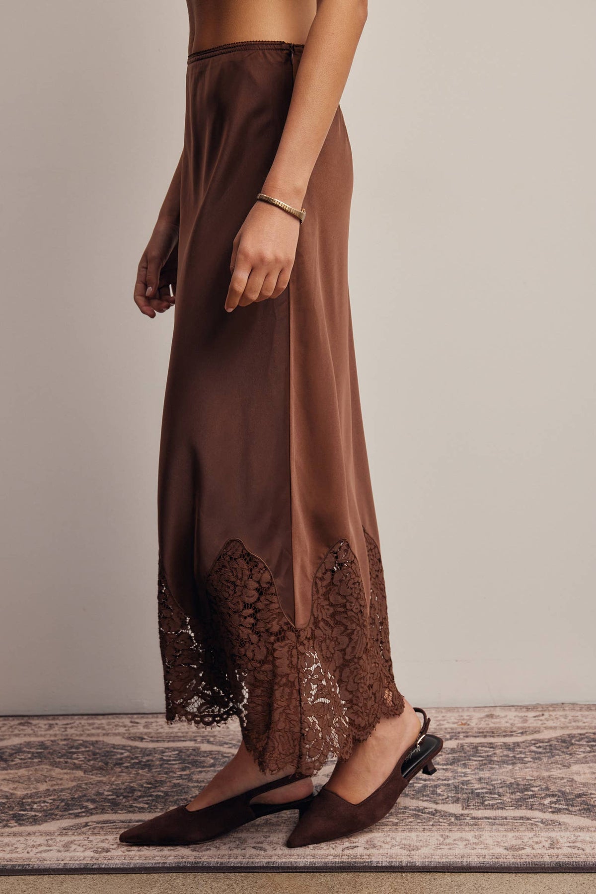 Listicle Stretch Satin Lace Trim Maxi Skirt Mocha gently flared shape with a polished drape Utah boutique