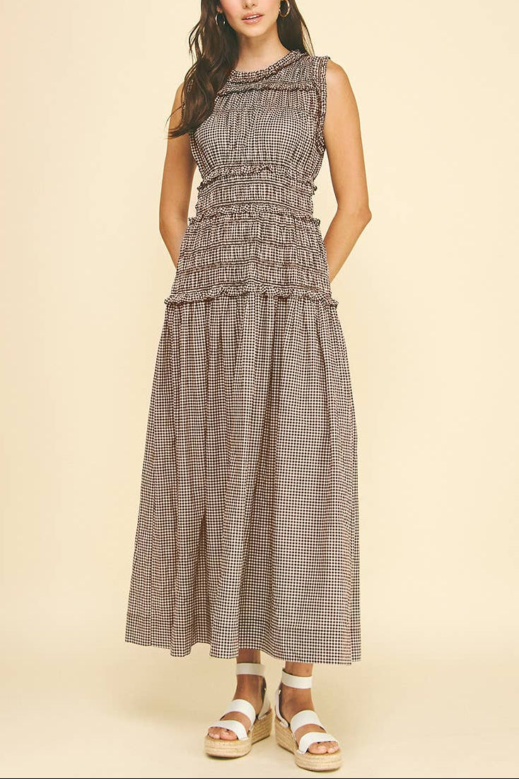 Taylor Gingham Maxi Dress fitted waist sleeveless summer spring womens teens dress popular brown gingham at Boltranchstore.com western style everyday dress prairie