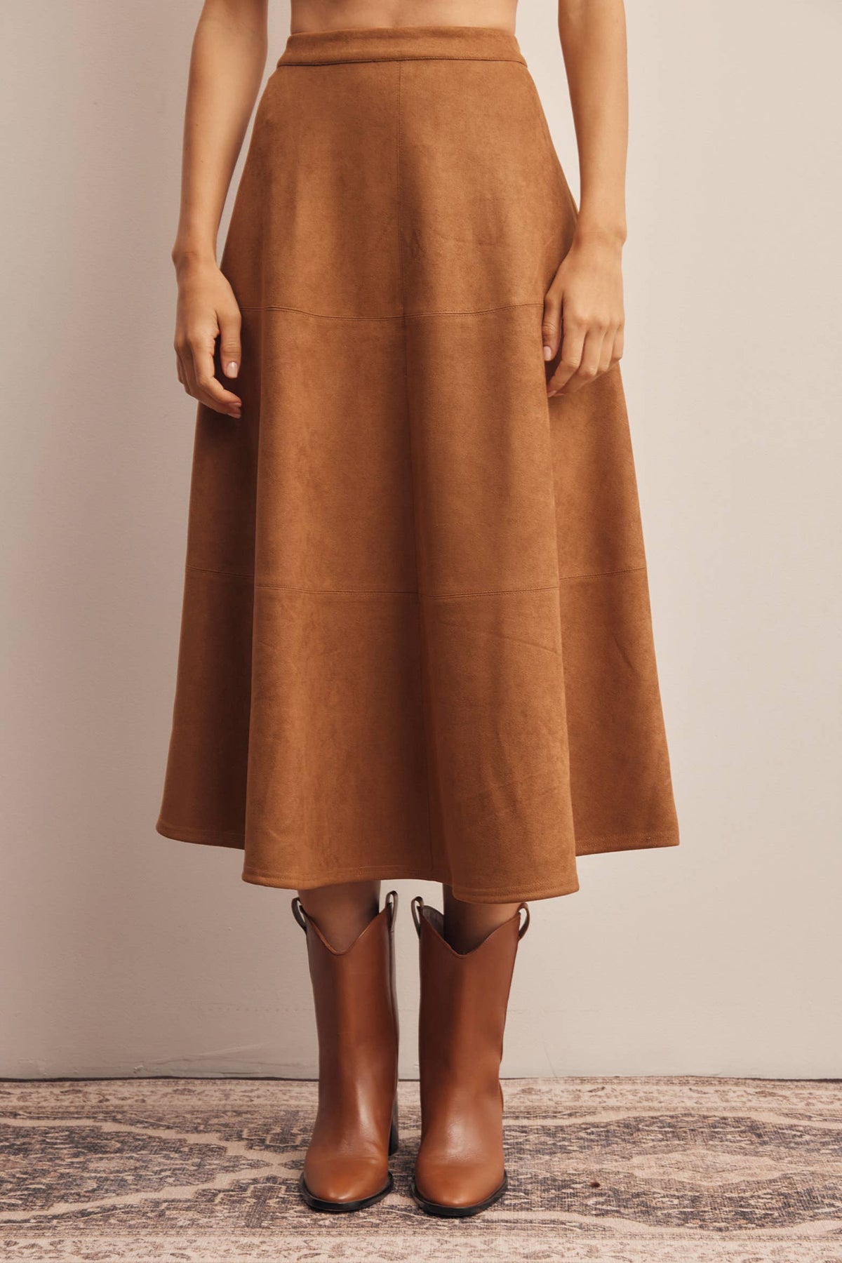 Listicle Stretched Suede A Line Midi Skirt camel faux suede with comfortable stretch womens western boutique Utah FSK0023CML