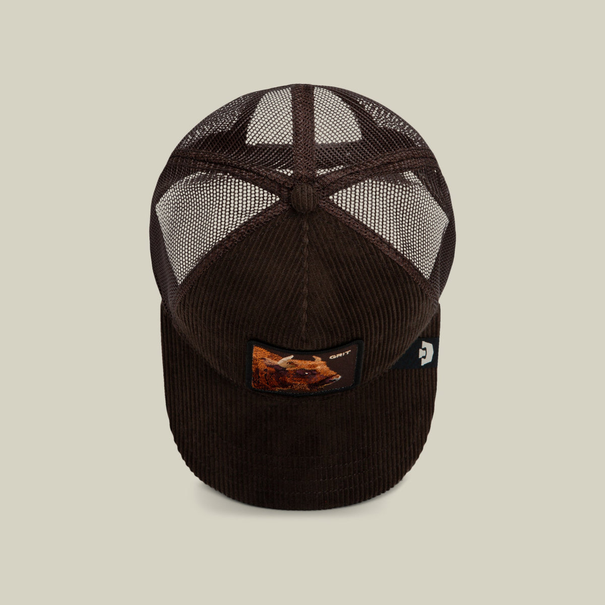 Goorin Bros Corduroy Grit six panel crown with a matching covered top button and clean seams rodeo ready
