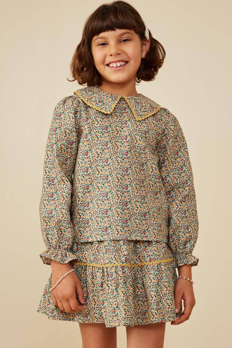 Girls Wavy Twill Trimmed Peter Pan Collar Top