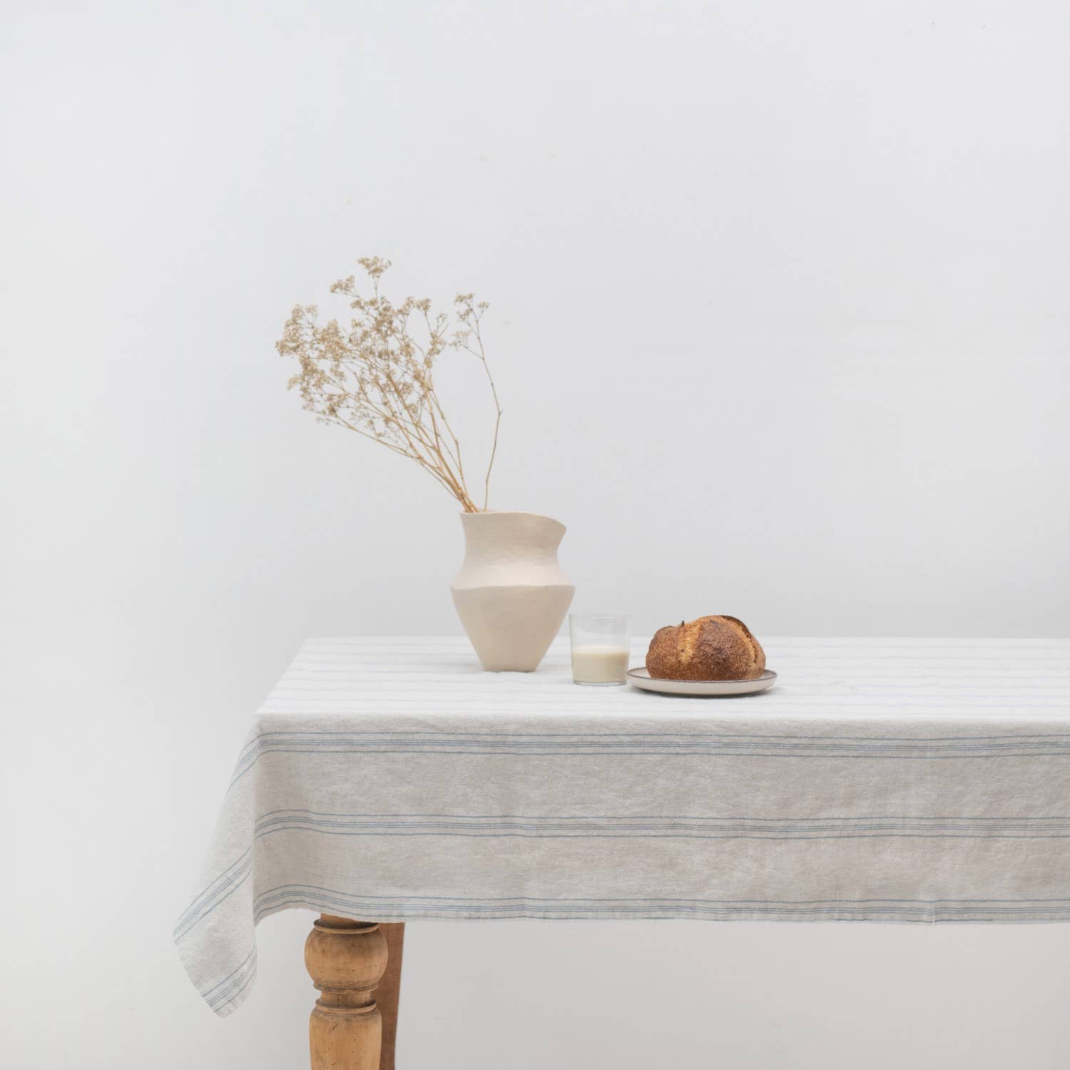 Grey Blue Wide Stripe Rustic Linen Tablecloth