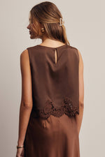 Listicle Satin Lace Hem Sleeveless Top Mocha smooth back panel with lace trim along the hem for a rodeo night out
