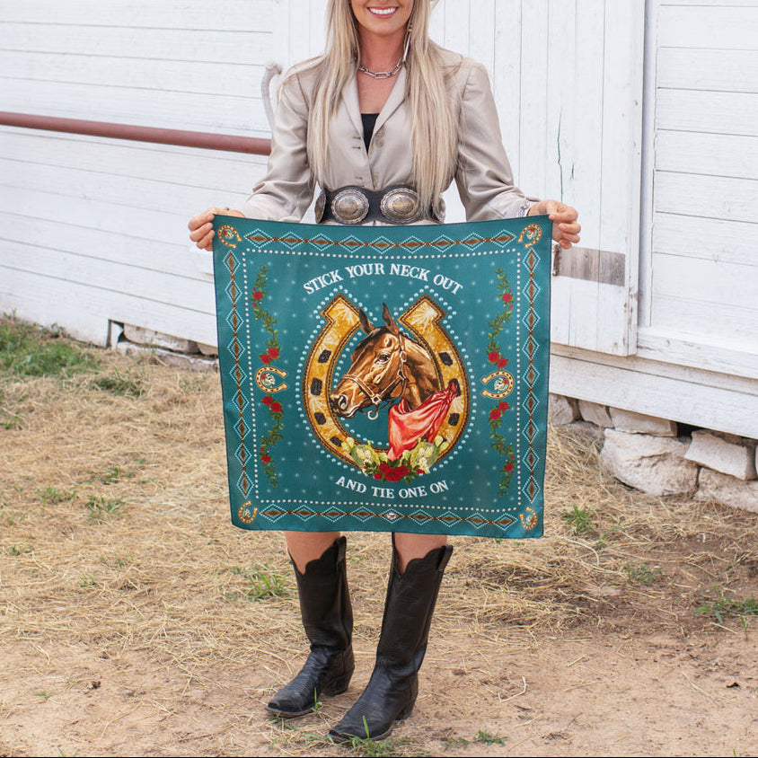 Fringe Hold Your Horses Scarf jade blue aqua Boltranchstore.com Free Shipping horse horseshoe western fashion womens neck scarf wildrag