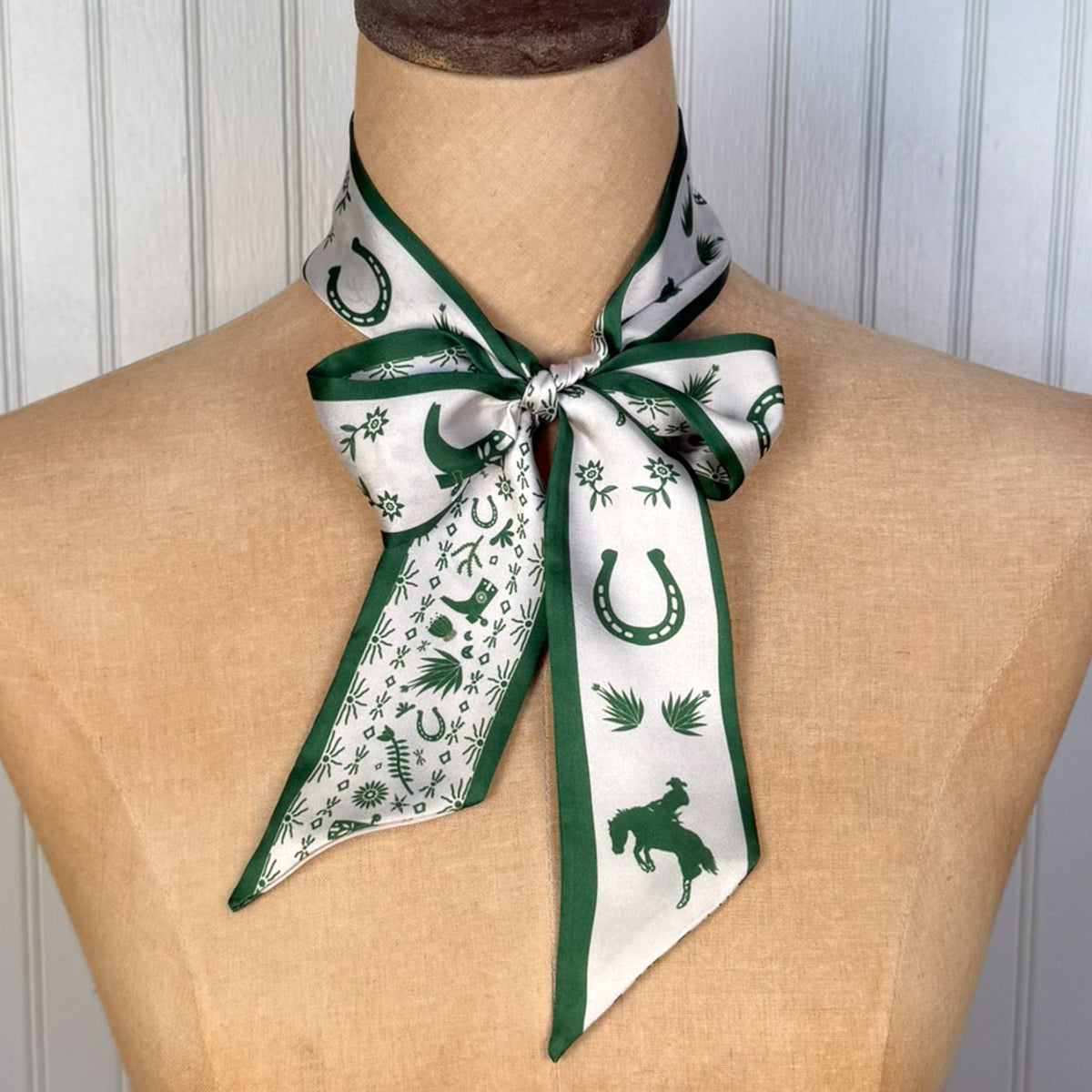 Fringe Scarves Game Day Twilly Down South Doily Green skinny scarf printed with boots blooms horseshoes and cactus womens western boutique Utah SKU TWILDSDGRN26139
