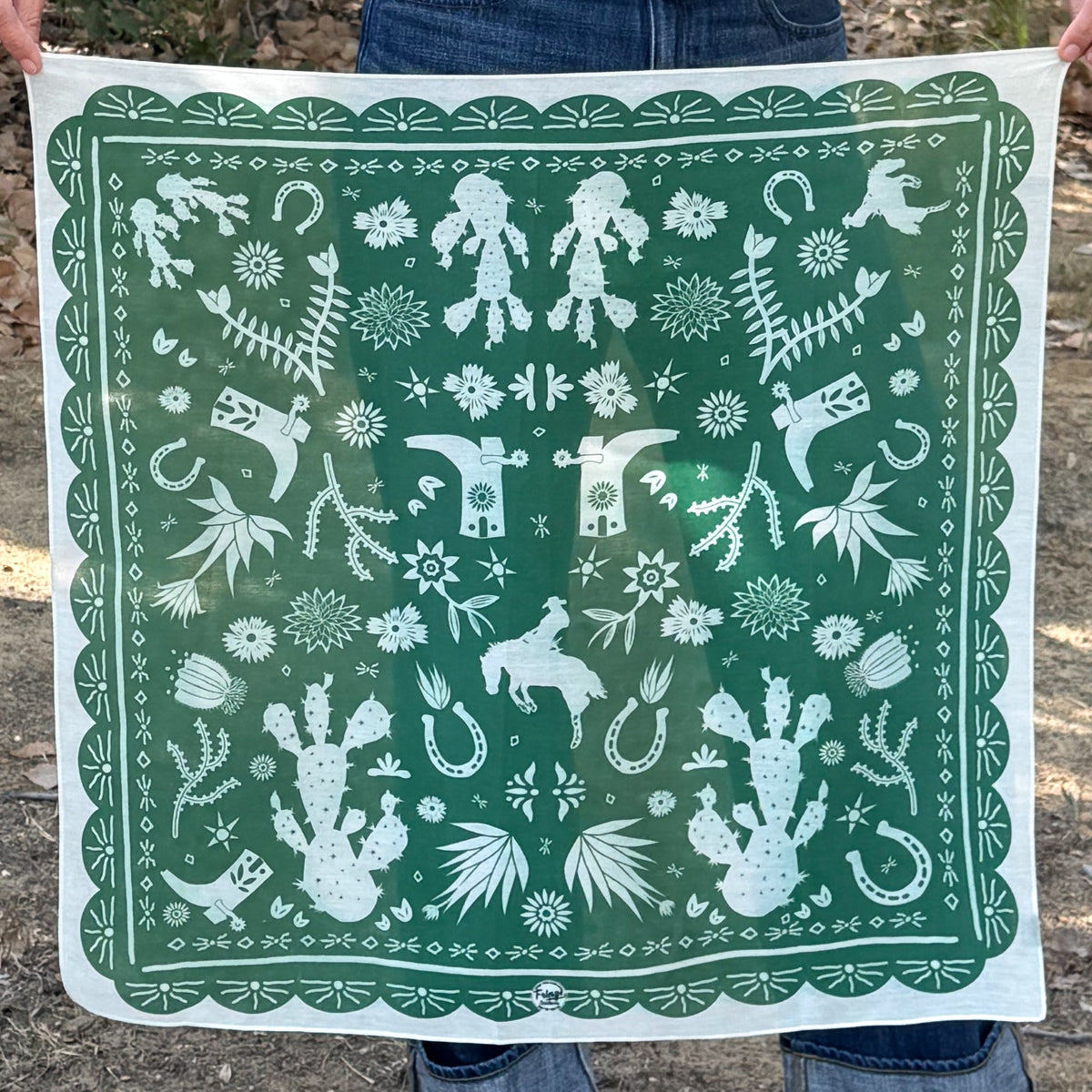 Fringe Scarves Game Day Down South Doily Bandana Green papel picado inspired print of boots blooms horseshoes and cactus womens western boutique Utah SKU BANDDSDGRN26140
