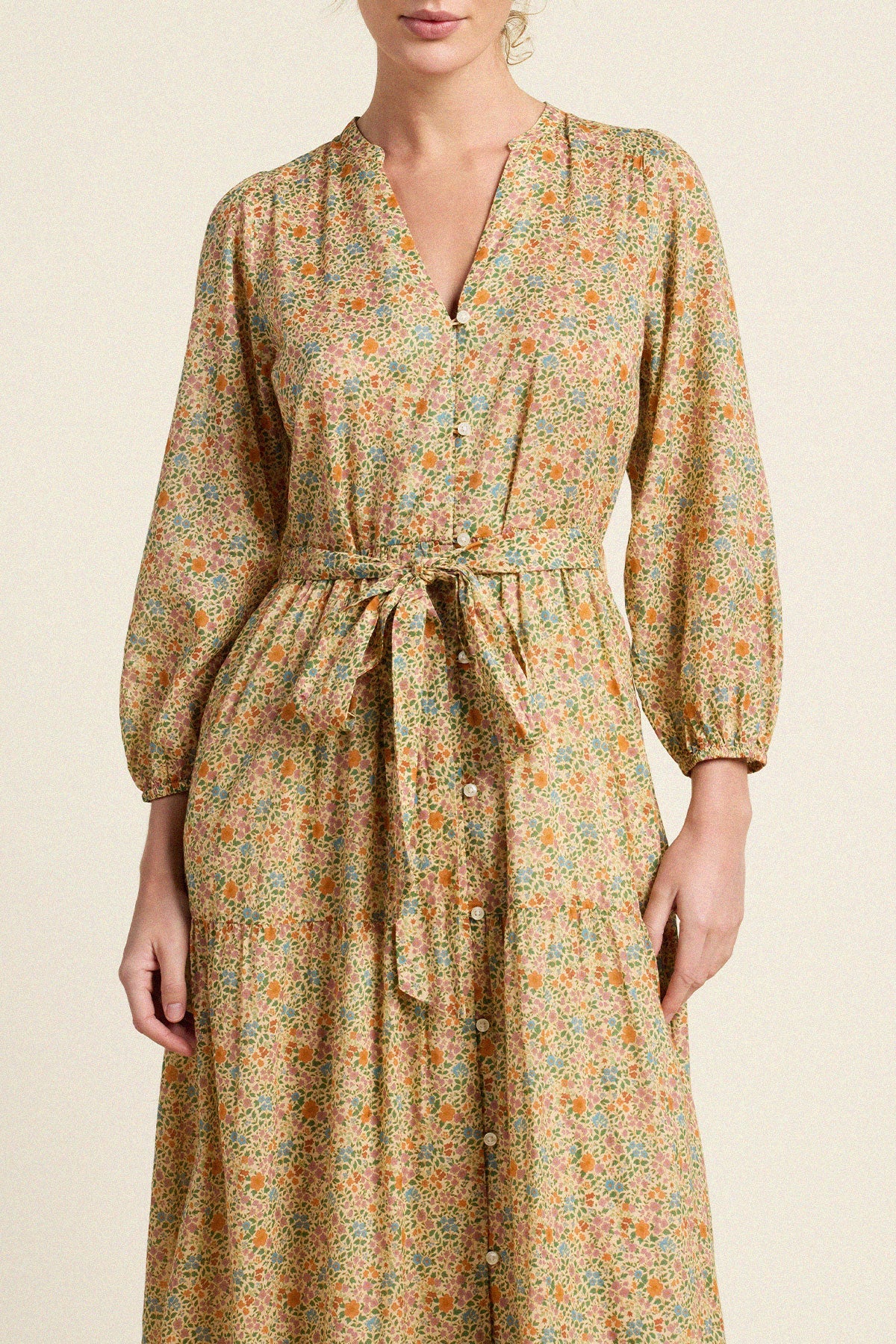 Trovata Lia Dress Gardenette self fabric tie belt at the waist with hidden side seam pockets ranch wear