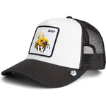 Black and white trucker cap with bee graphic and 'BUSY' text At Boltranchstore.com