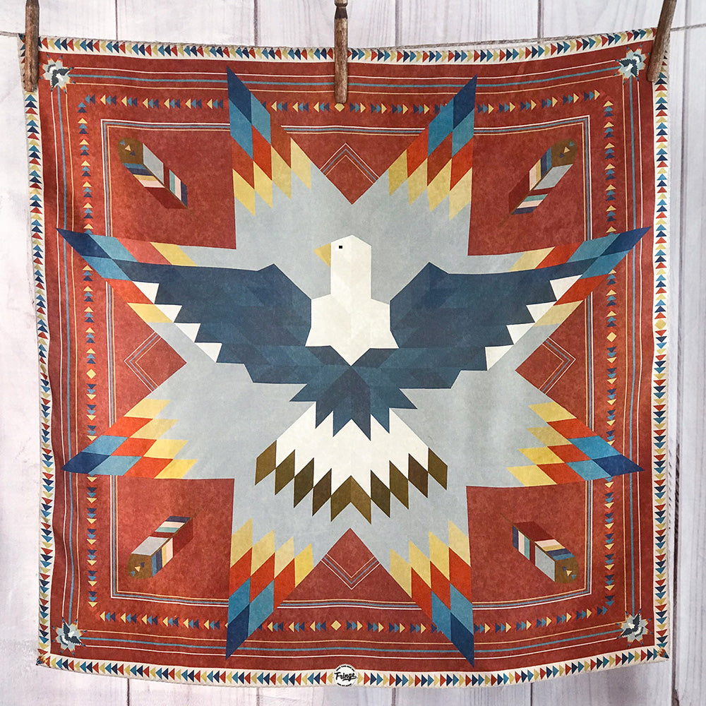 Fringe Soaring Eagle Star Quilt Silk Scarf star quilt eagle design in blues reds white turquoise and gold womens western boutique Utah SKU SCRFSEGS0441