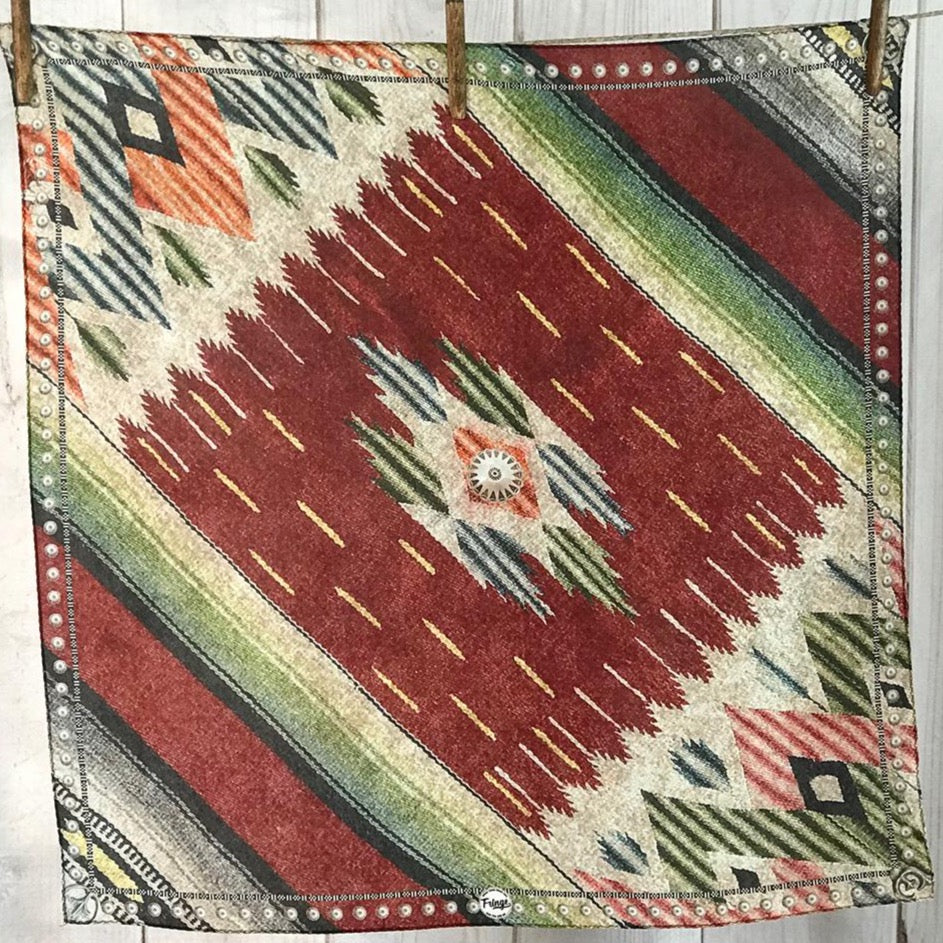 Fringe Topsy Silk Scarf Mexican saddle blanket print with two different opposing corners and silver naja accents womens western boutique Utah SKU SCRFTOPS0444