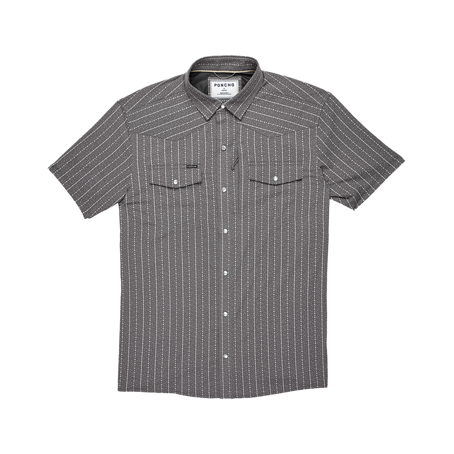 gray button up shirt with sun and squiggle pattern pearl snaps collar short sleeve western style double pocket The Hondo at boltranchstore.com Poncho outdoor
