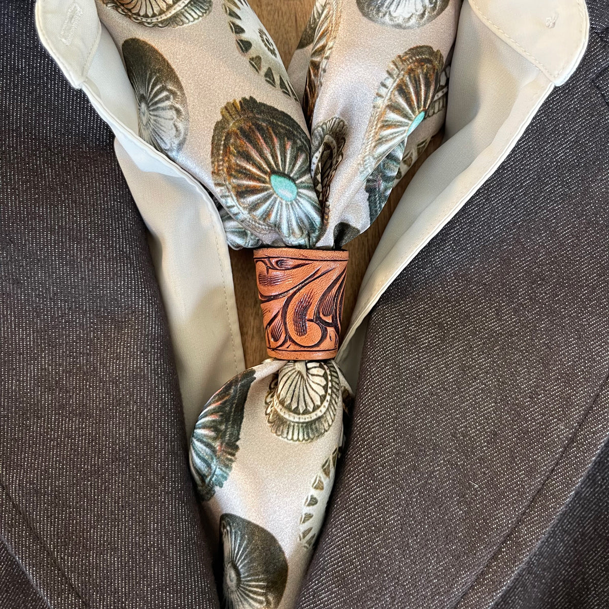 Fringe Slide Angelo holds a wild rag snug at the collar ranch wear