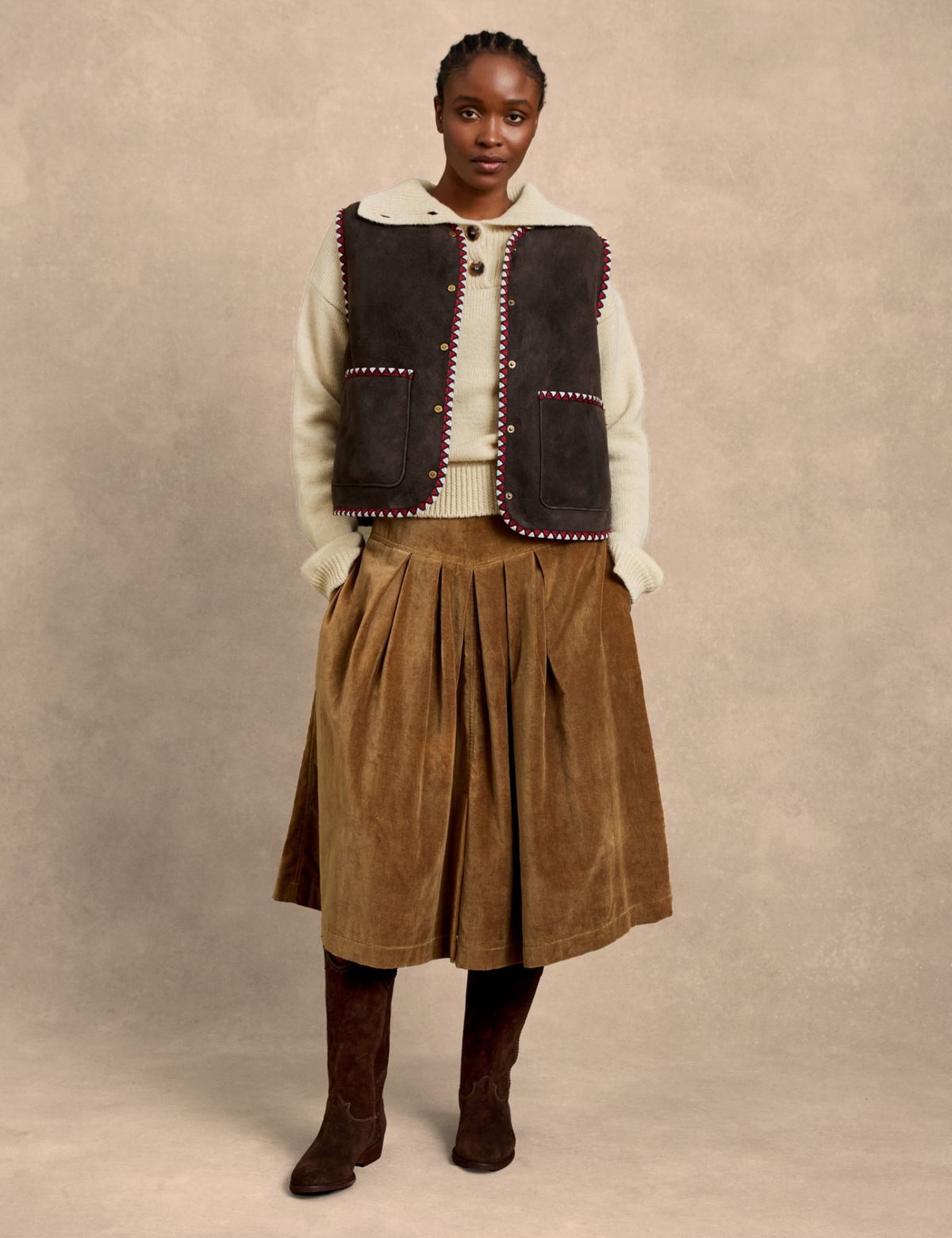 Penelope Chilvers Lancaster Cotton Velvet Skirt clean feminine silhouette that sits on the waist