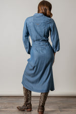 Kimes Ranch Womens Channy Indigo flowing midi skirt with a button through front worn with boots cowgirl style