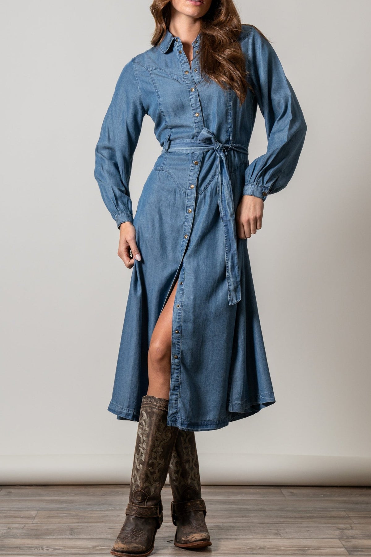 Kimes Ranch Womens Channy Indigo denim midi shirt dress with tie waist and long blouson sleeves womens western boutique Utah SKU WSK0000020BL018