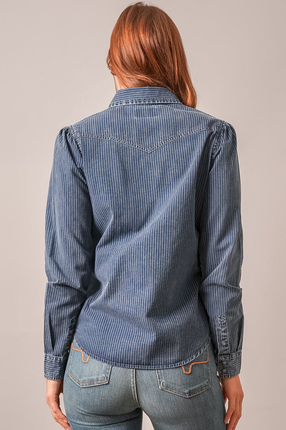 Kimes Ranch Womens Frankie Indigo Stripe back yoke and shoulder seaming on striped denim ranch wear